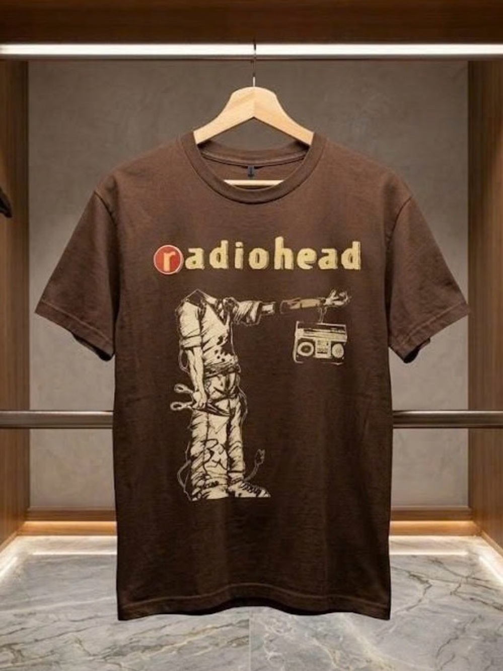 Radiohead Boombox Graphic T-Shirt Brown Alt Rock Band Tee